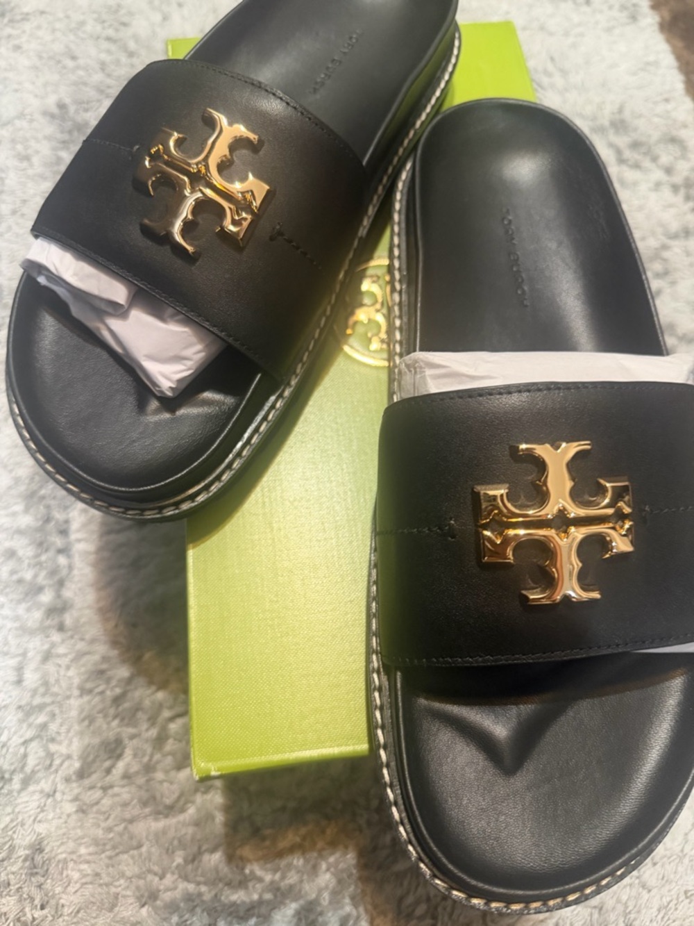 Tory Burch Black Men's Slide Sandals with Gold Logo Accent - Picture 2 of 7